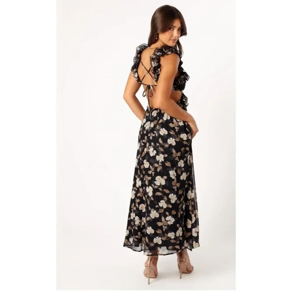 Petal & Pup Lucah Dress Size Large Frill Floral Maxi Wedding Formal Cocktail Blk - Picture 4 of 16